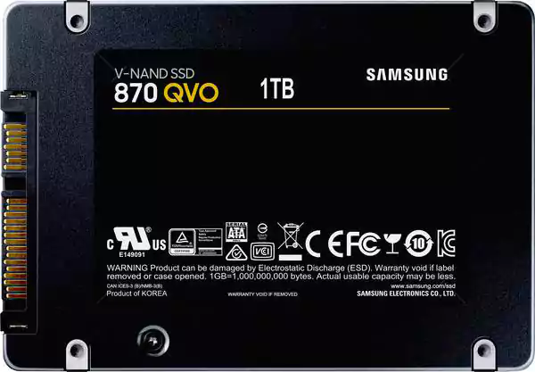 قرص صلب داخلي سامسونج 870 QVO SATA III SSD مقاس 2.5 بوصة، لأجهزة الكمبيوتر المحمولة والمكتبية، سعة 1 تيرابايت، أسود، MZ-77Q1T0B