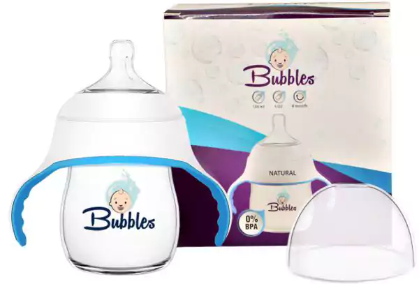 Bubbles Natural Breast Feeding Bottle, 150 ml - White and Blue