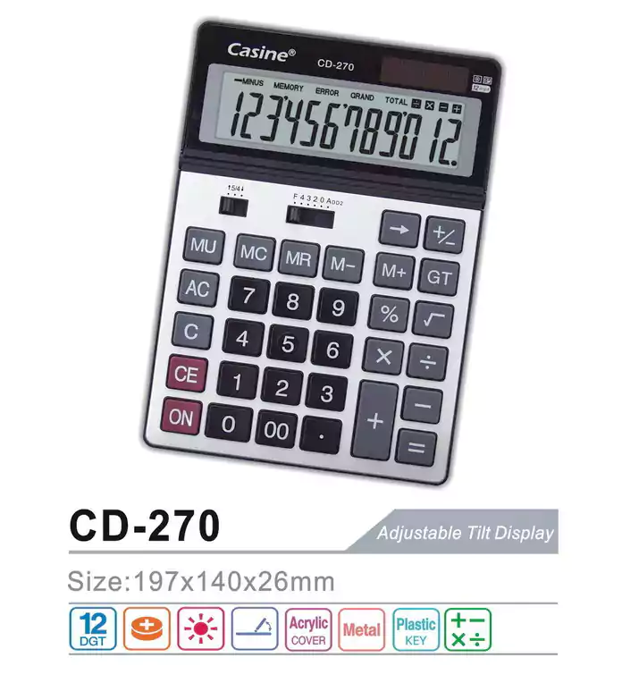 Casine Desktop Calculator, 12 Digits, Silver, CD-270