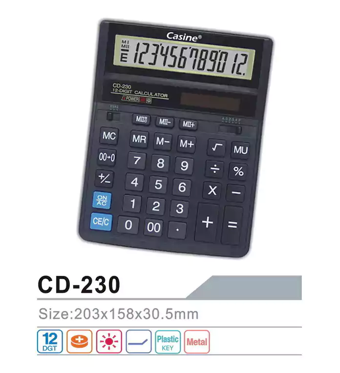 Casine CD-230 Desktop Calculator, Black, 12 Digits