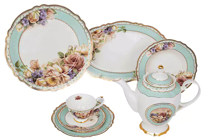 Filipino dinner set, 113 pieces, flower pattern - white and brown