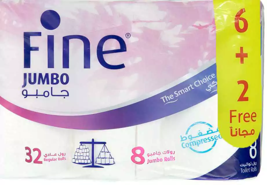 Fine jumbo Toilet Paper, 6 Rolls + 2 For Free