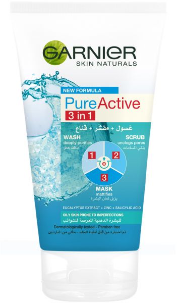 Garnier Face wash Skin Naturals Pure Active 3 in 1  100ML