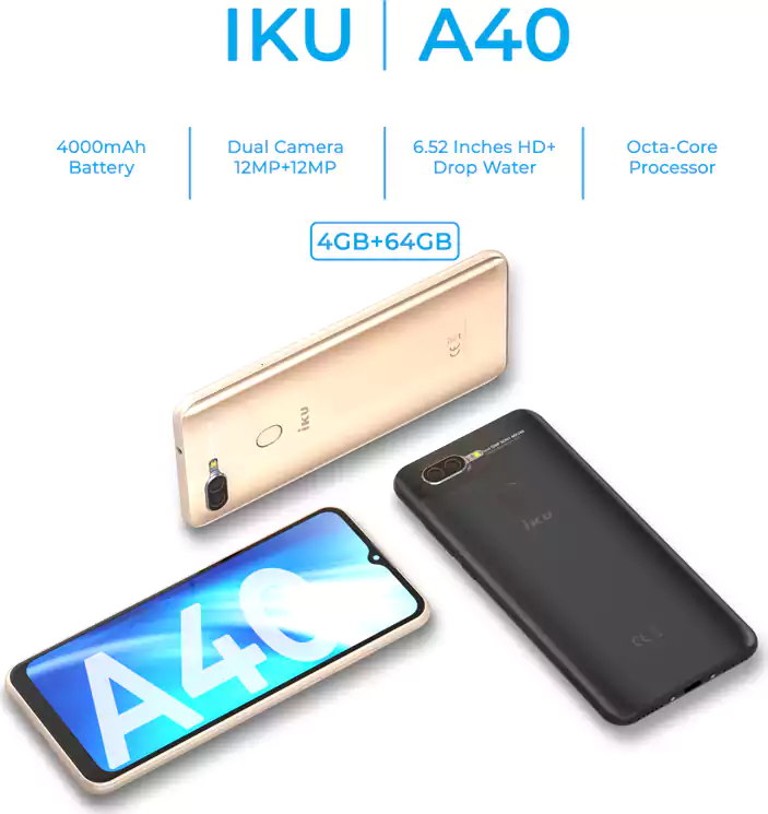 IKU A40 Dual SIM Mobile, 64GB Internal Memory, 4GB RAM, 4G LTE, Black