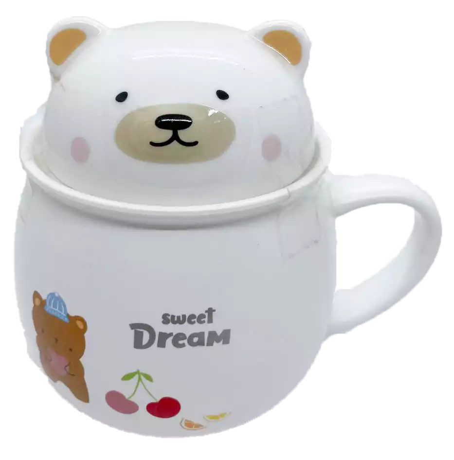 مج بورسلين بالغطاء حجم وسط بتصميم دائري شكل دبدوب - أبيض