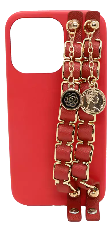 Mobile phone case for iPhone 13 Pro , silicone with leather strap, red