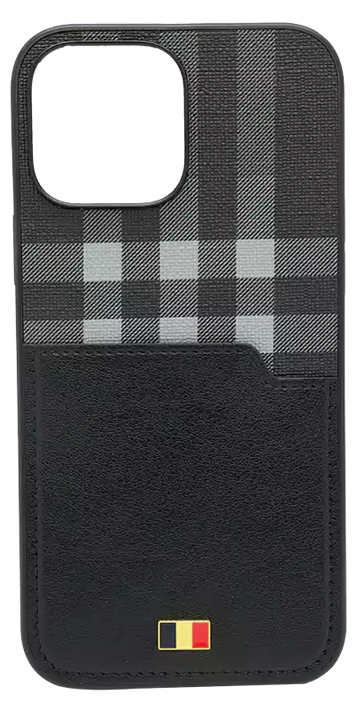 جراب ايفون 13 برو ماكس، جلد-قماش، كاروه، أسود