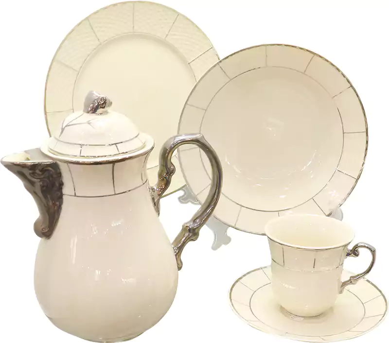 طقم صيني فلبيني، 125 قطعة، خط ليزر فضي×أبيض