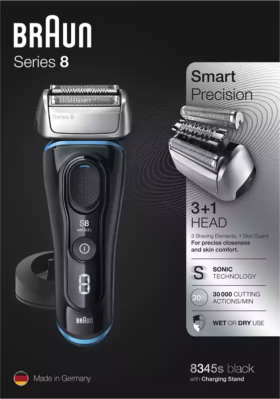 ماكينة حلاقة كهربائية للرجال براون، استخدام جاف ورطب، قابلة لإعادة الشحن، أسود، 8345S