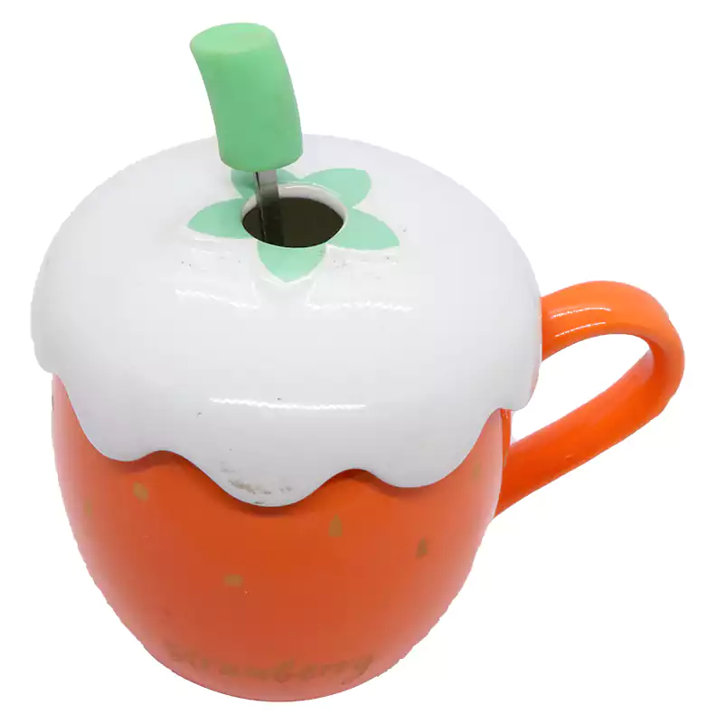 مج بورسلين بالغطاء حجم  وسط بتصميم دائري علي شكل فروالة - برتقالي