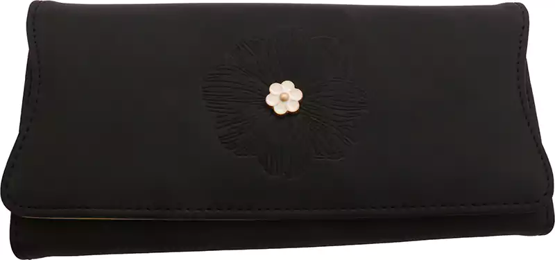محفظة جلد للنساء كاجوال متوسطة الحجم، تصميم كلاسيك  ورد، أسود FTY
