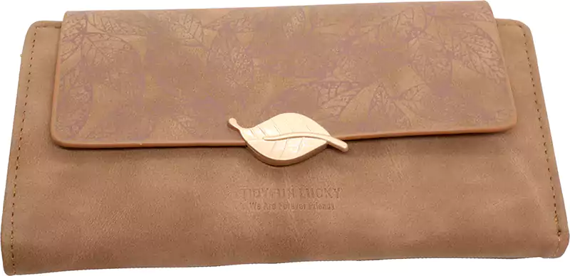 محفظة جلد للنساء كاجوال متوسطة الحجم، تصميم كلاسيك ورق أشجار، بني FCY