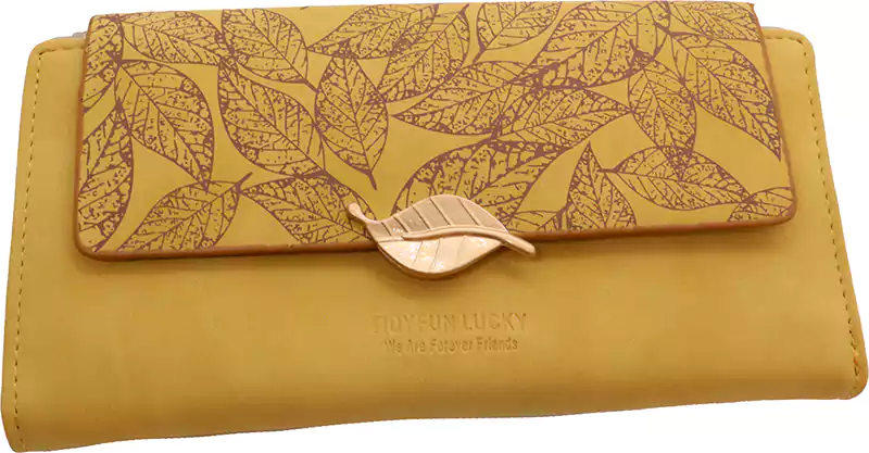محفظة جلد للنساء كاجوال متوسطة الحجم، تصميم كلاسيك ورق أشجار، أصفر FCY