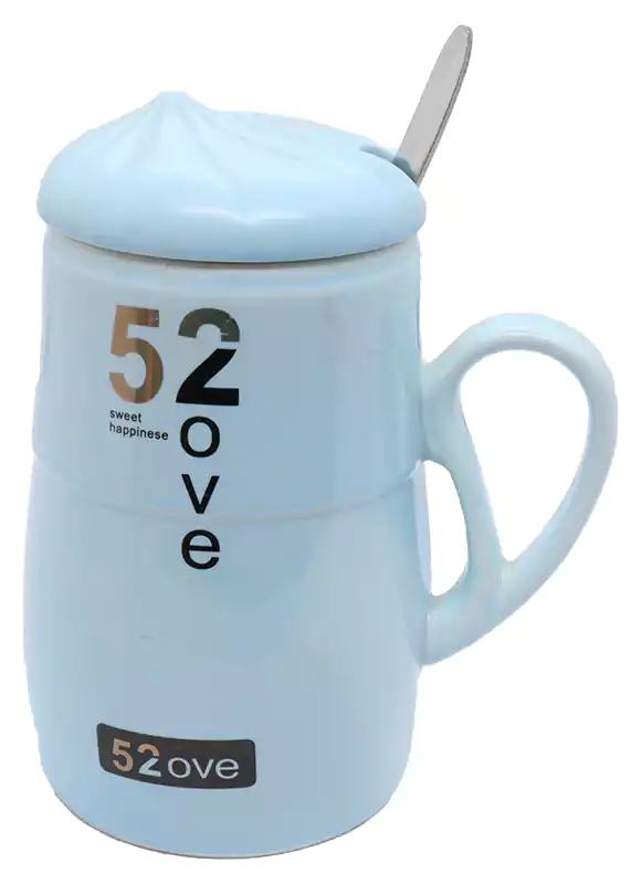 مج بورسلين بغطاء و معلقة حجم كبير بتصميم دائري - لبني