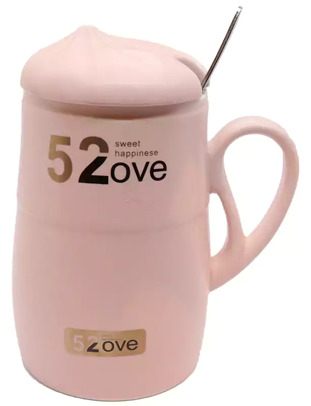 مج بورسلين بغطاء و معلقة حجم كبير بتصميم دائري52 OVE - بينك