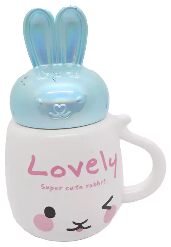 مج بورسلين بغطاء حجم كبير بتصميم دائري شكل أرنب - أبيض