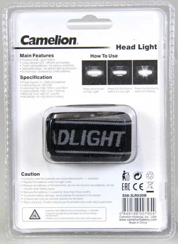 Camelion Headlamp flashlight, LED, White Light, Black, S58