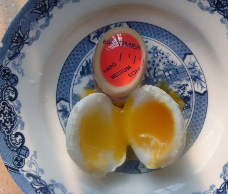 Egg-shaped timer placed in the egg-boiler bowl, adjusting the leveling of eggs in color shades