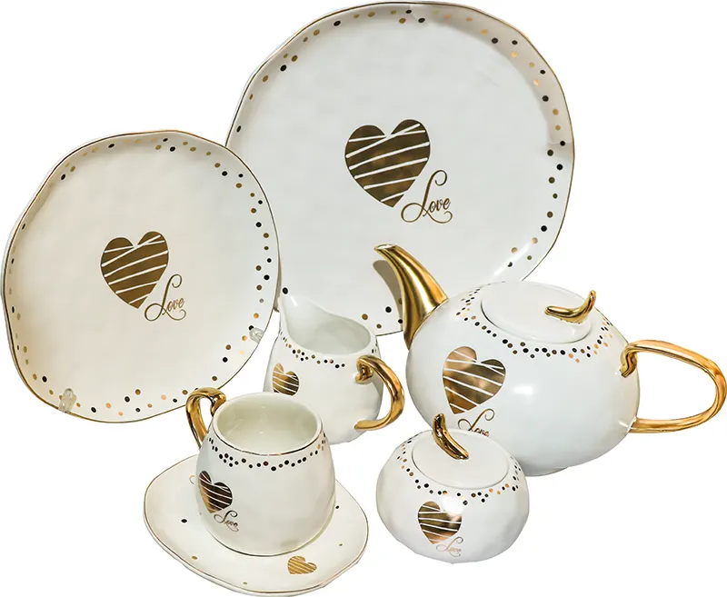 طقم شاي وجاتوه بورسلين دائري صيني سادة مدهب، 24 قطعة، أبيض