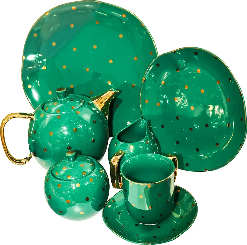 طقم شاي وجاتوه بورسلين صيني  بومبيه مودرن منقط مدهب D01D- أخضر