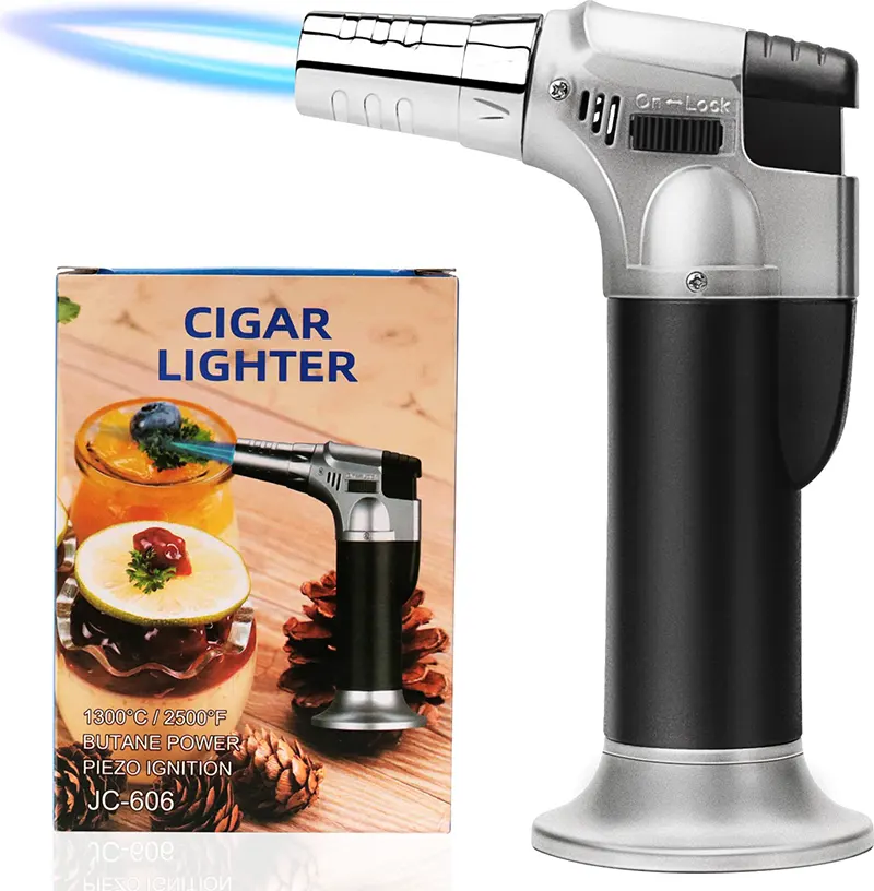 Refillable stainless steel flame gun for browning and roasting food - black