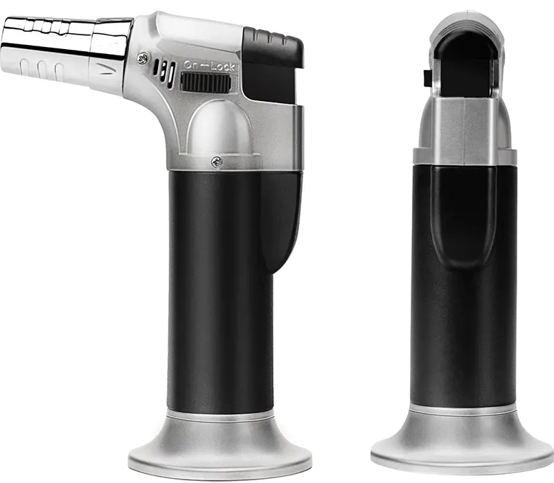 Refillable stainless steel flame gun for browning and roasting food - black