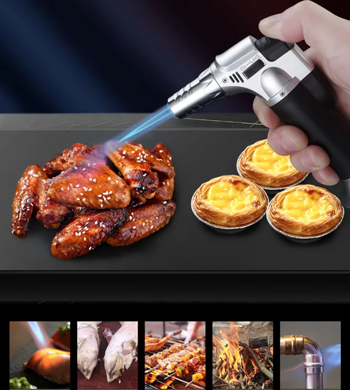 Refillable stainless steel flame gun for browning and roasting food - black