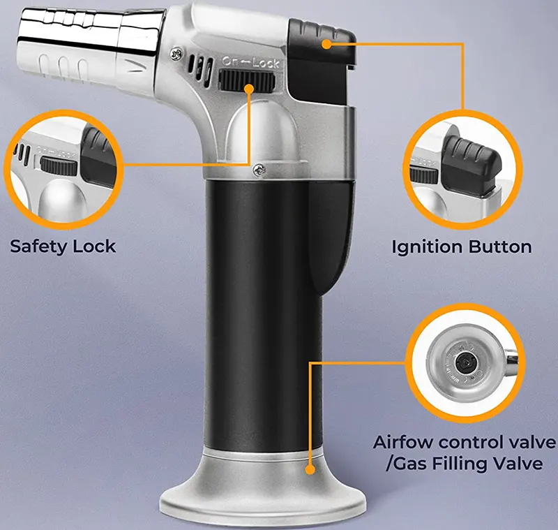 Refillable stainless steel flame gun for browning and roasting food - black