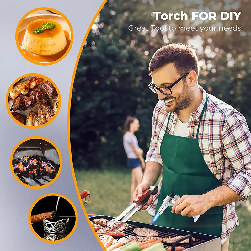 Refillable stainless steel flame gun for browning and roasting food - black