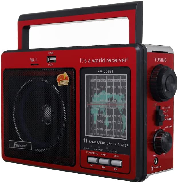 Fmeson Portable Radio FM-AM-SW, Classic, Plugged In, Loud and Clear Sound, USB Port, Memory Card and Headphone, Red, FM-006BT
