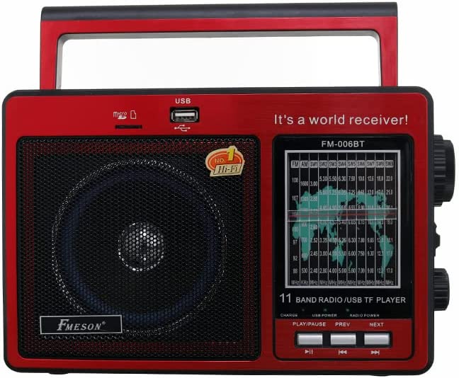 جهاز راديو صغير فميسون، كلاسيكي، FM\AM\SW، توصيل بالكهرباء، صوت عالي نقي، منفذ USB وكارت ميموري وسماعة رأس، أحمر، FM-006BT