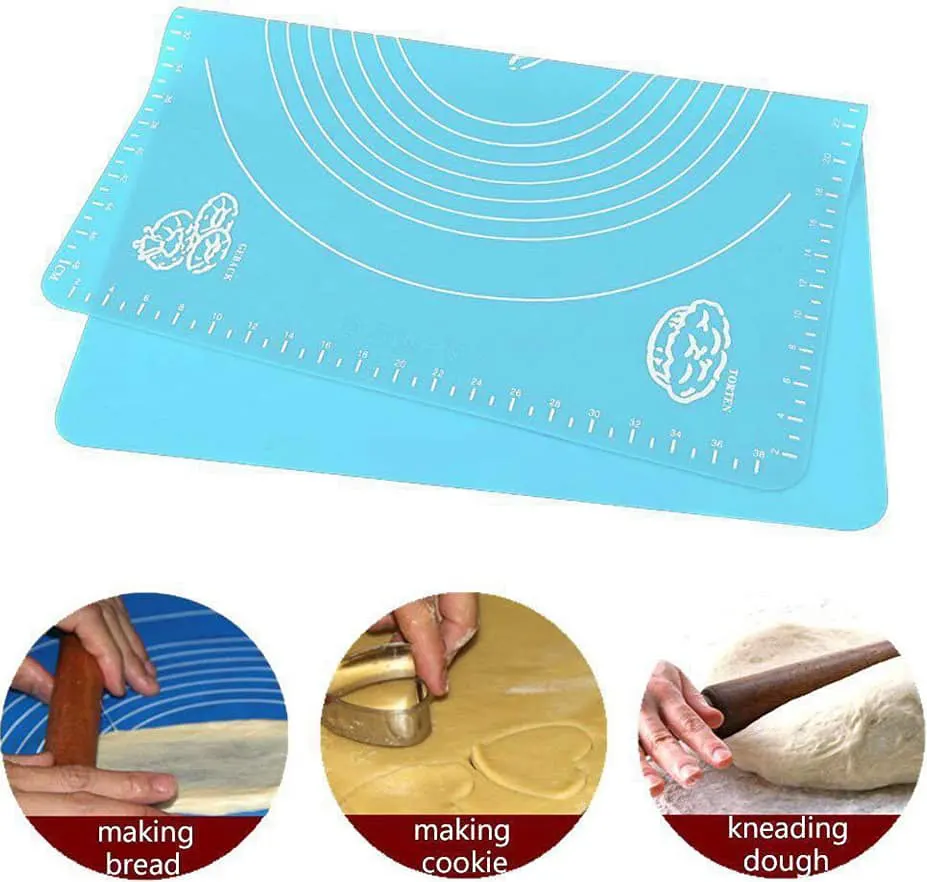 Silicone dough mat with measurements for spreading multi-colored pizza
