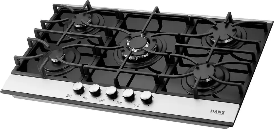 Hans Built-in Hob Cooker, 5 Gas Burners, 90 cm, Black Glass, Stainless Frame, HANS 9210-19