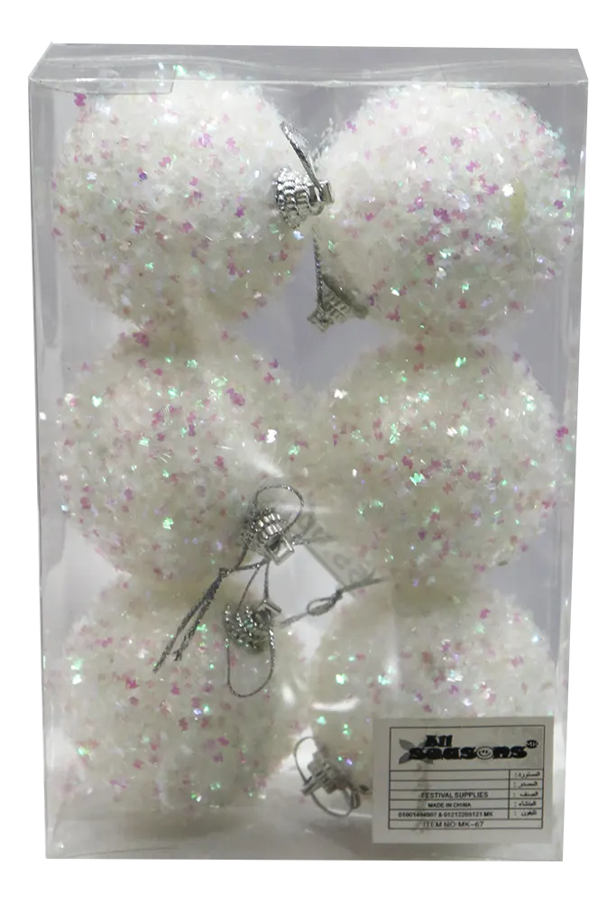 كرات الكريسماس 6 قطع ذات اللون الزاهي بلمسة نهائية لامعة - أبيض