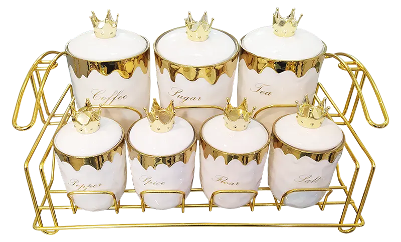 Queen Crown Spice Set of 7 Pieces Round Porcelain - Gilded White