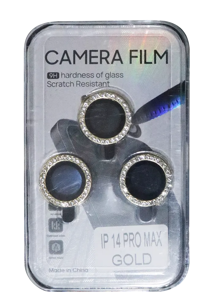 عدسات كاميرا تعمل باللمس مناسبة لهاتف أيفون 14 برو ماكس محاطة بإستراس - جولد