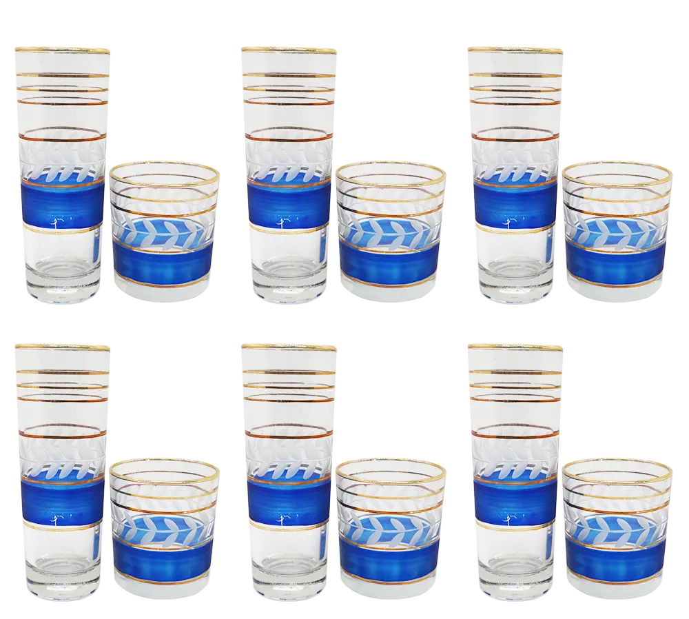 طقم أكواب عصير 12 قطعة الإسراء ليزر كبير وصغير - شفاف أزرق منقوش