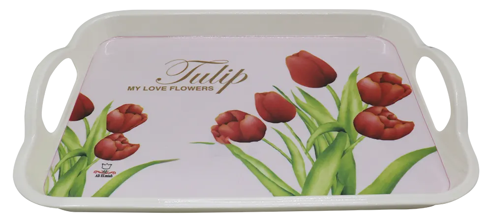 Rectangular plastic breakfast tray decorated with flowers - white