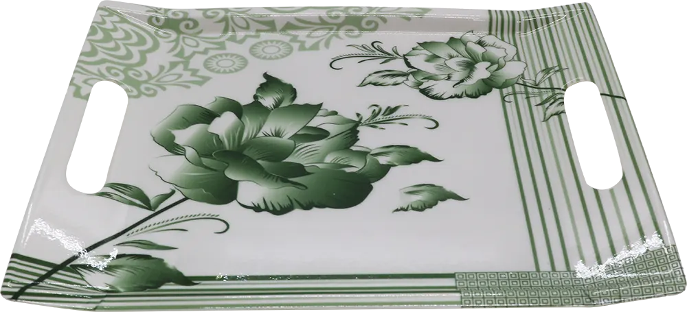 صينية تقديم فطار مستطيلة بلاستيك مزخرفة ورد - أخضر