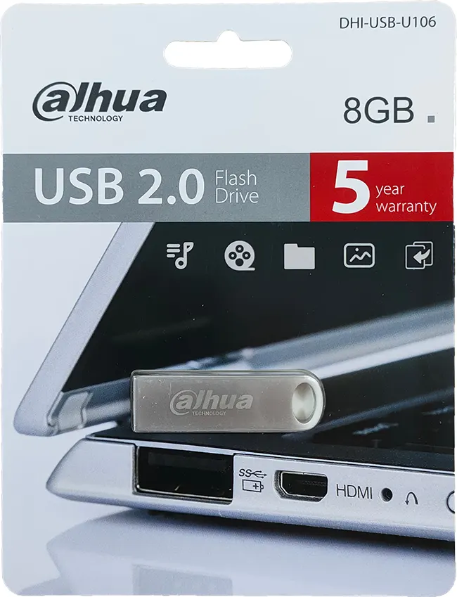فلاش ميموري داهوا DHI، بسعة 8 جيجابايت، USB 2.0، أستانلس، DHI-USB-U106-8GB