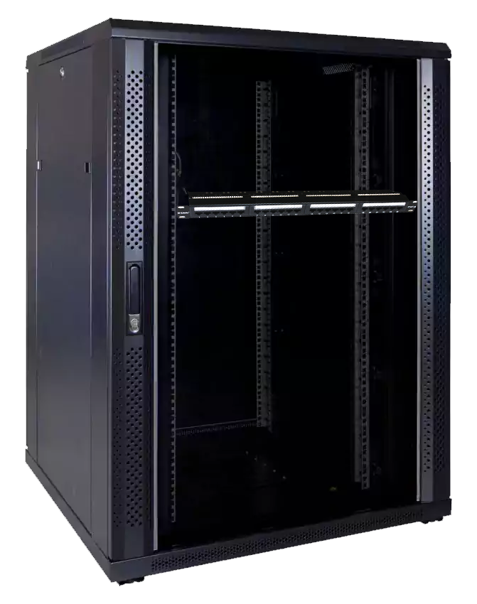راك سيستم نتسيس، 18 وحدة، باب زجاجي، (600×600) ملم، أسود + لوحة وصلات دي لينك منفذ كات 6، C61BLK241