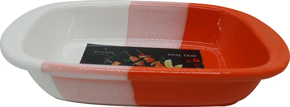 طاجن بورسلين مستطيل وسط - أبيض وبرتقالي