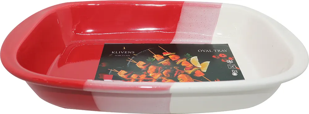 طاجن بورسلين مستطيل كبير-أحمر و أبيض