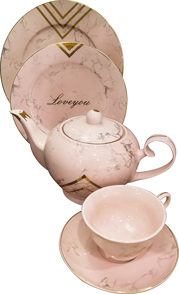 طقم سفرة من دريم مصري دائري 60 قطعة - بينك مدهب