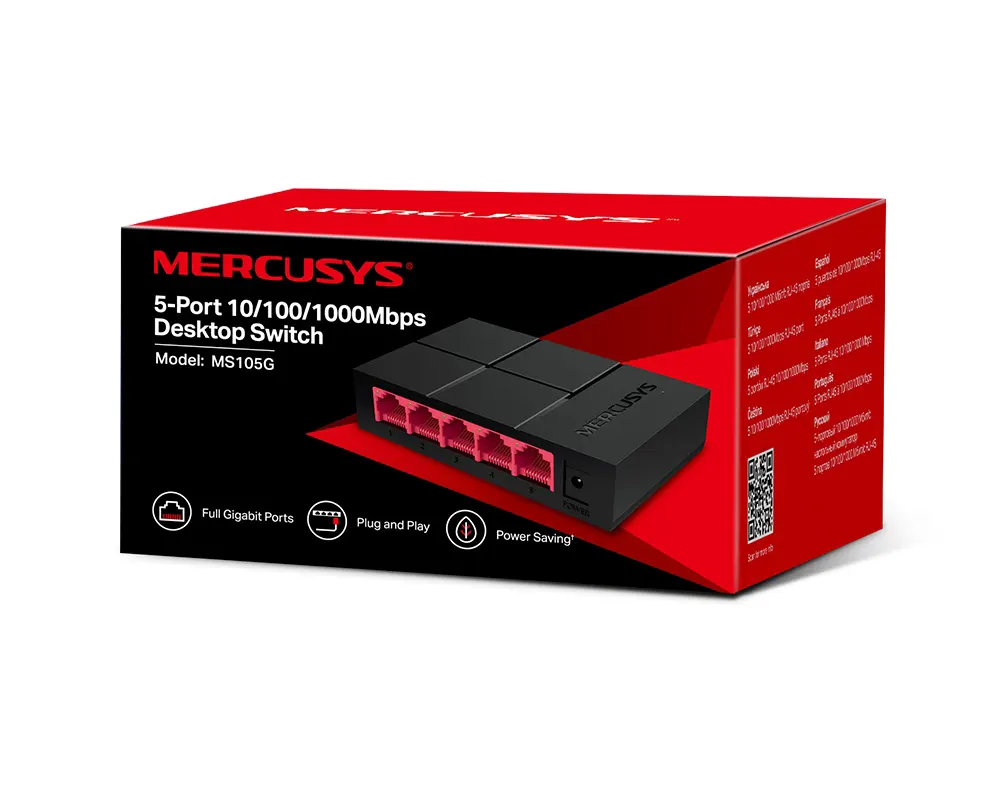 Mercosys Desktop Switch, 5 Ports, 1000 Mbps, Black, MS105G