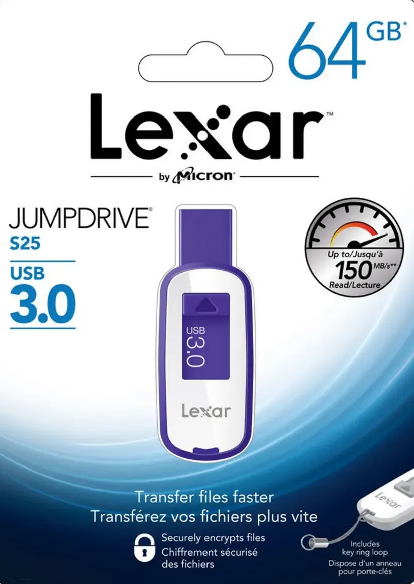 Lexar JumpDrive® S25 Flash Memory, 64 GB, USB 3.0, Blue x White, LJDS25-64GABEU