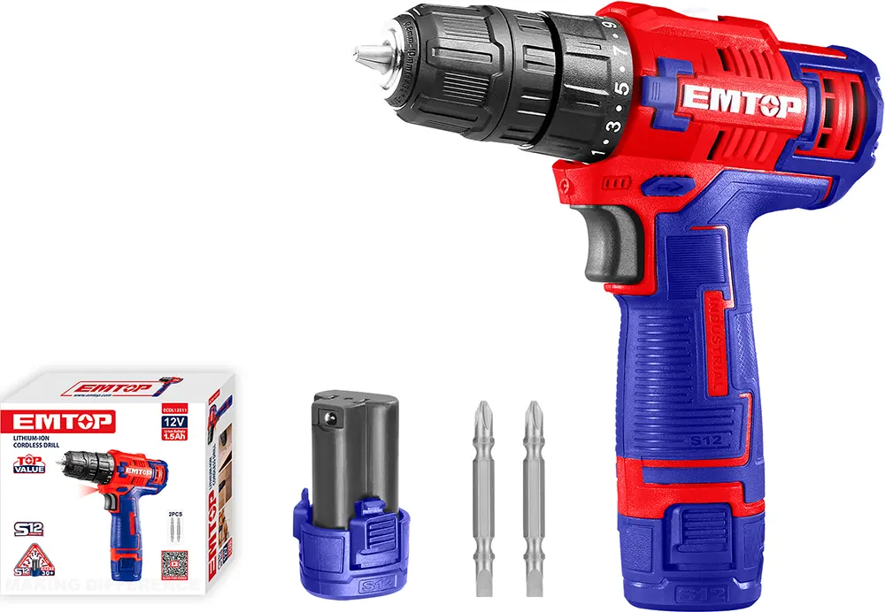 Emtop Battery Drill, 12 Volt, 1.5 Amp, Cordless, 1 Battery, ECDL12511