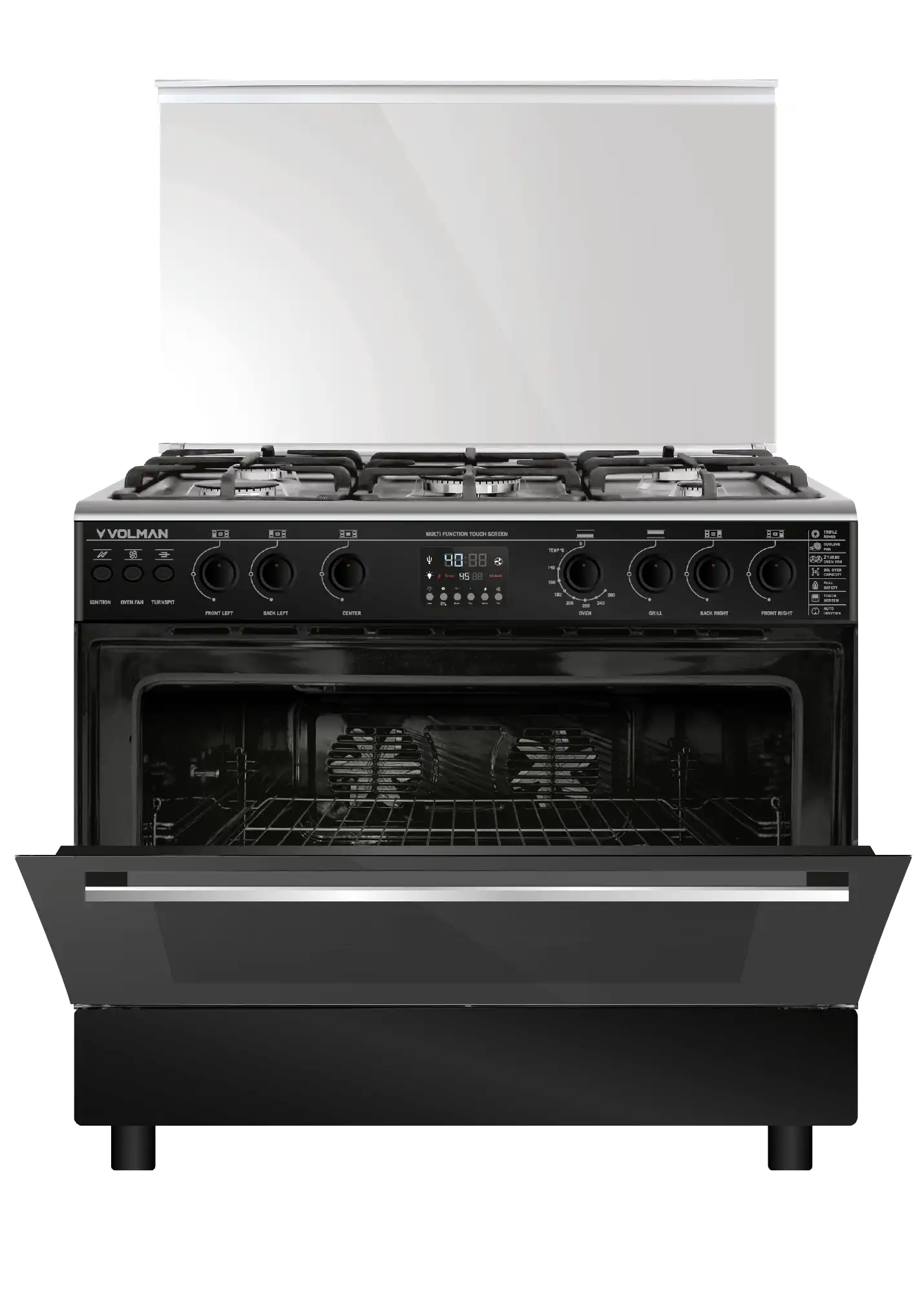 Fullman Icon Gas Cooker, 90 x 60 cm, 5 burners, full safety, touch screen, cooling and distribution fan, black, stainless steel, VLGC9T2CSDP-101BL