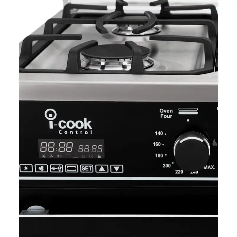 Unionaire i-Cook gas cooker, 90 x 60 cm, 5 burners, full safety, digital screen, distribution and cooling fan, black, C69SS-GC-511-0CSH-2W-AL