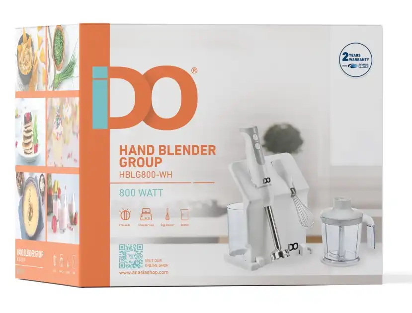 IDO Hand Blender with Stand, 800 Watt, 600 mL, with Whisk and Chopper, White HBLG800-WH